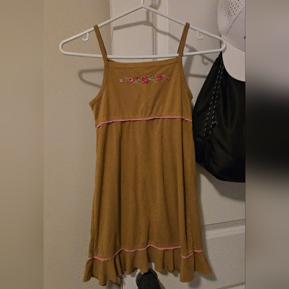 Suedelike Girl's Embroidered Tan Dress with Pink Accents